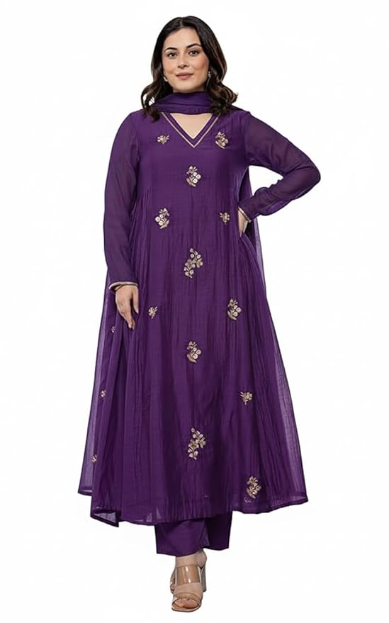 KLOSIA Women Embroidery Solid Anarkali Kurta and Pant Set with Dupatta
