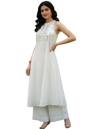 GRECIILOOKS Kurta Set for Women White Palazzo Kurti Set for Women | Sleeveless Kurti Set for Woman White Kurta Sets for Woman | A Line Kurtis with Mirror Work