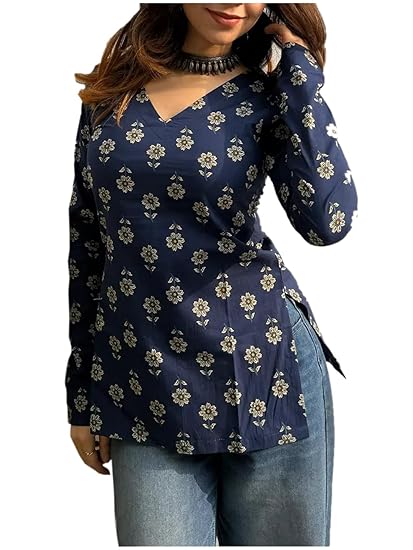 ANNI Designer Short Kurti for Women Latest Printed Design | V Neck Full Sleeve Kurti Tops for Women | Stylish Kurtis & Short Kurtis for Woman | Casual Kurti with Jeans | Kurtas for Woman