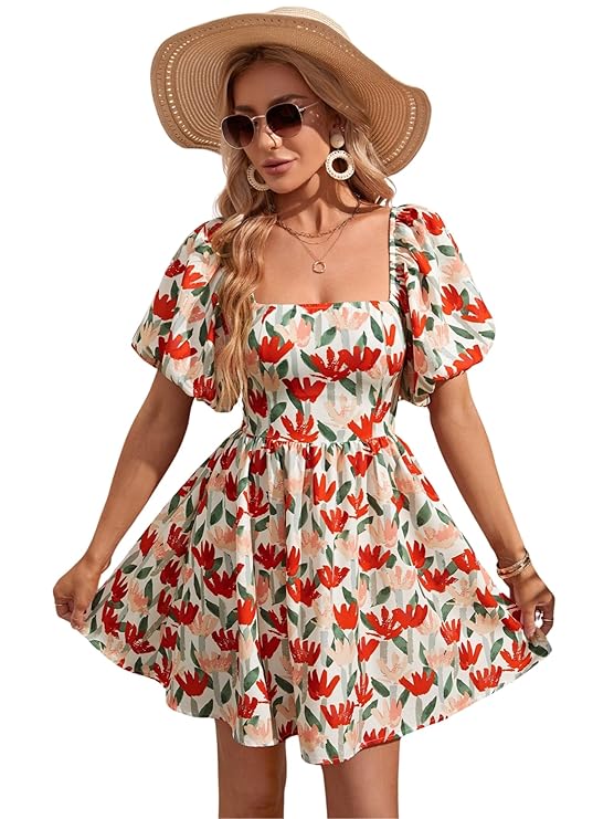 Aahwan Multicolor Solid Boho Bohemian Vacation Floral Flower Print Square Neck Puff Sleeve Elegant Dress for Women's & Girl's