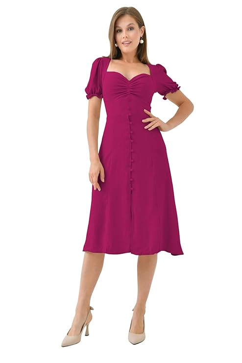 Shasmi Girl's & Women's Solid Midi Dress – Elegant Square Neck Button-Down Dress with Puff Short Sleeves | Stylish Casual & Party & Office Wear Outfit (Dress 105)