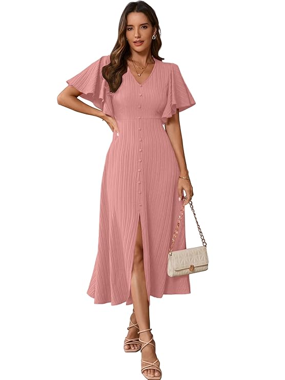 Shasmi Girl's & Women's Pleated Midi Dress with Flutter Sleeves | V-Neck Western Dress for Women | Elegant A-Line Summer Outfit | Office & Casual Wear (Dress 244)