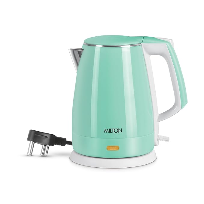 Milton Riga Electric 1.5 Stainless Steel Electric Kettle, 1 Piece, 1.5 Litres | Power Indicator | 1500 Watts | Double Wall Body With Cool-touch Handle I SS304 Steel I 1 Year Warranty | Aqua Green