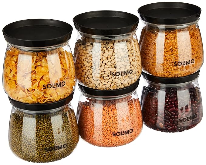 Amazon Brand - Solimo Plastic Storage Jar and Container Set I Air Tight & BPA Free Containers for Kitchen Storage Set I Grocery Kitchen Container Set I Multipurpose Jar,800 Ml Each, Set 6, Black