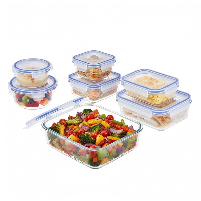 Amazon Brand - Solimo Glass Food Storage Container Set, Pack of 7, Airtight & Leakproof, Microwave & Freezer Safe, Transparent