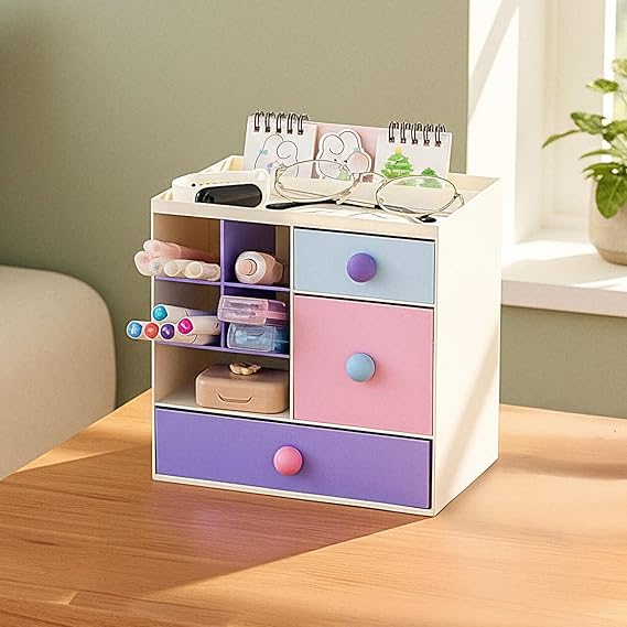 Amazon Basics Multi-Compartment Desk Organiser | 10 Compartments | 20.5 × 14.3 × 19.9 cm | Cream | Plastic | Handles Included