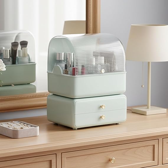 Amazon Basics Glossy ABS+PET Cosmetic Storage Organizer | 26.6 × 18 × 35.4 cm | 2 Compartments | Waterproof & Dustproof Lid | Light Green