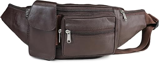 K London Genuine Leather Waist Bag for Men & Women | Brown Travel Pouch, Passport Holder & Belt Bag | Multi Pocket Fanny Pack with Adjustable Strap | Stylish Crossbody Utility Bag (1276_BRN)