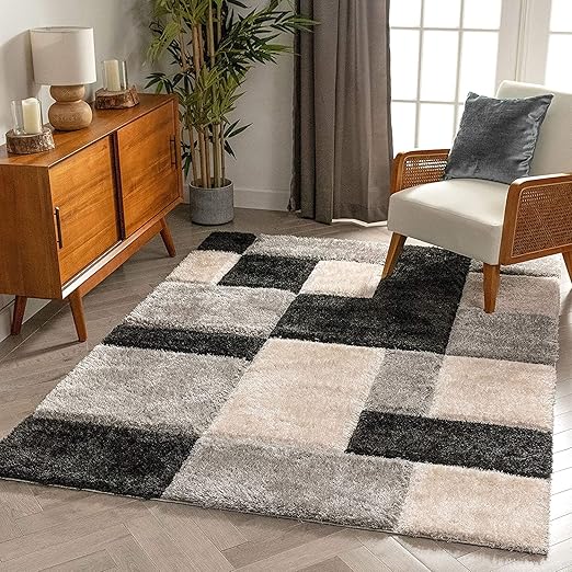 For Living Room Handmade Microfiber Cozy Super Soft & Plush Fluffy Shaggy Rectangular Rugs For Living Room And Bedroom With 2 Inch Thickness Colour Blacksilver-Dualbox- 5X7 Feet