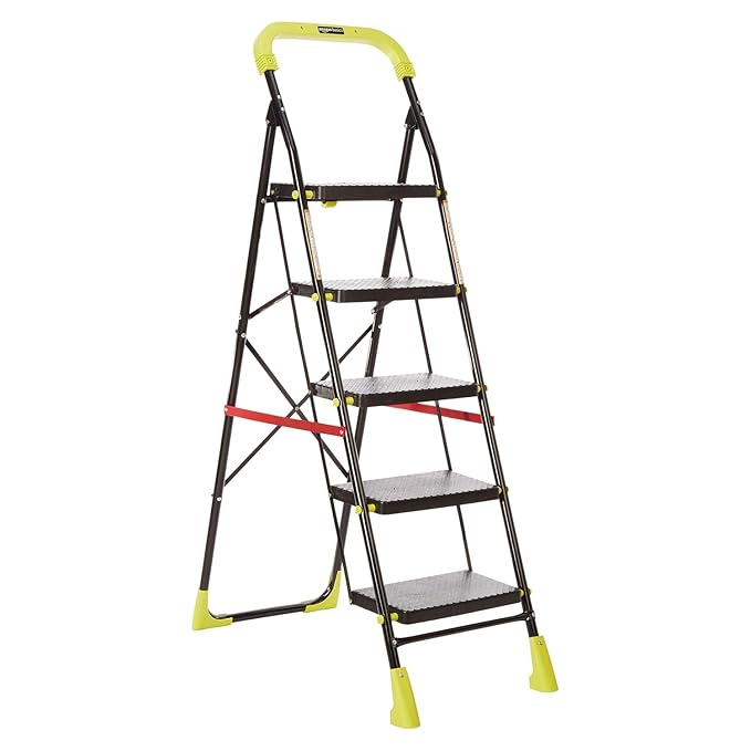 Amazon Basics Dynamo - Foldable Step Ladder, Safety Clutch Lock, Anti Slip Steps, Knee Guard, Anti Skid PVC Shoes, 5 Steps (Steel, Black & Lime Green)
