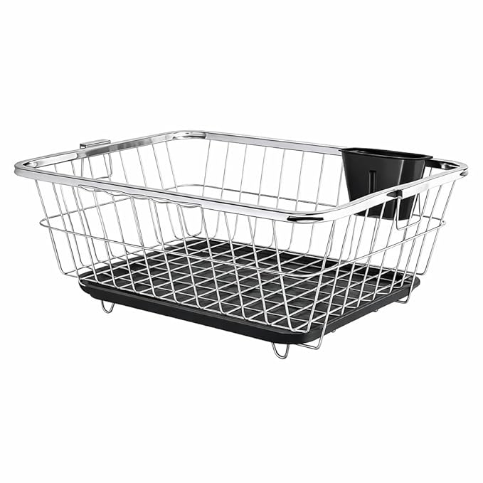 Amazon Brand - Solimo 3-in-1 | Large Stainless Steel Dish Rack with Plastic Drainer | Cutlery Holder & Handle | Utensil Basket & Kitchen Dish Drying Rack Organizer (Steel - Black)