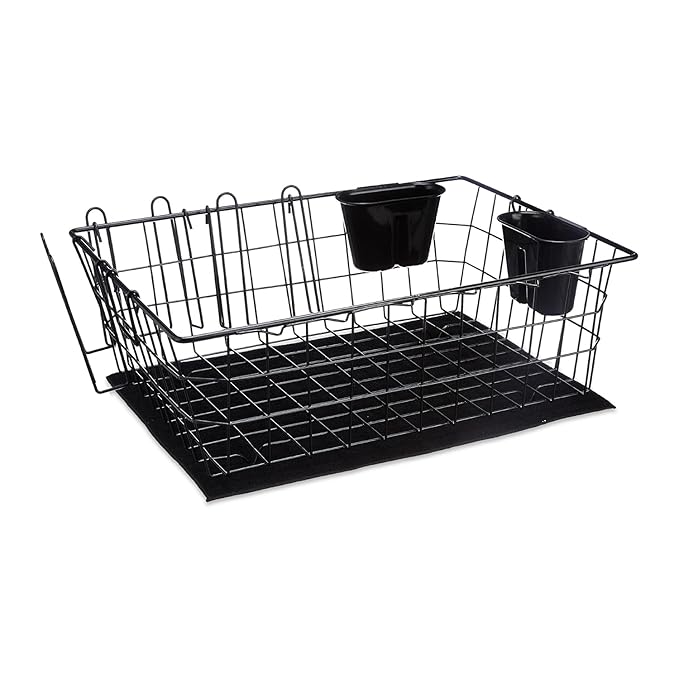 Amazon Brand - Solimo Steel Dish Drainer (55.3x45x19.7 cm) with Drying Mat Includes 2 Piece Cutlery Holder & 3 Piece Cutting Board, Glass & Lid Holder Set for Kitchen Utensils (Luxe Black) | Carbon Steel