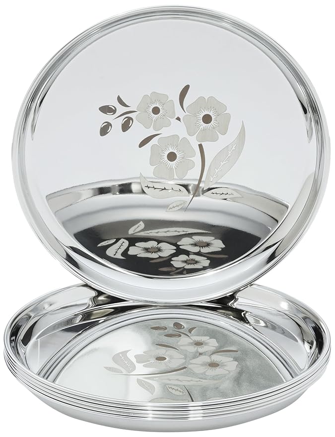 Amazon Solimo Stainless Steel Plate Set | Set of 6 | 12 Inches | Floral | Silver