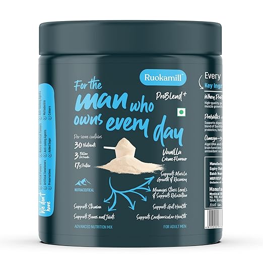 Ruokamill Men High Protein Nutrition Mix | Supports Performance, Stress Reduction & Muscle Recovery | 30 Nutrients, 17g Protein, BCAA, Ashwagandha | Zero Added Sugar | (400g, Vanilla)
