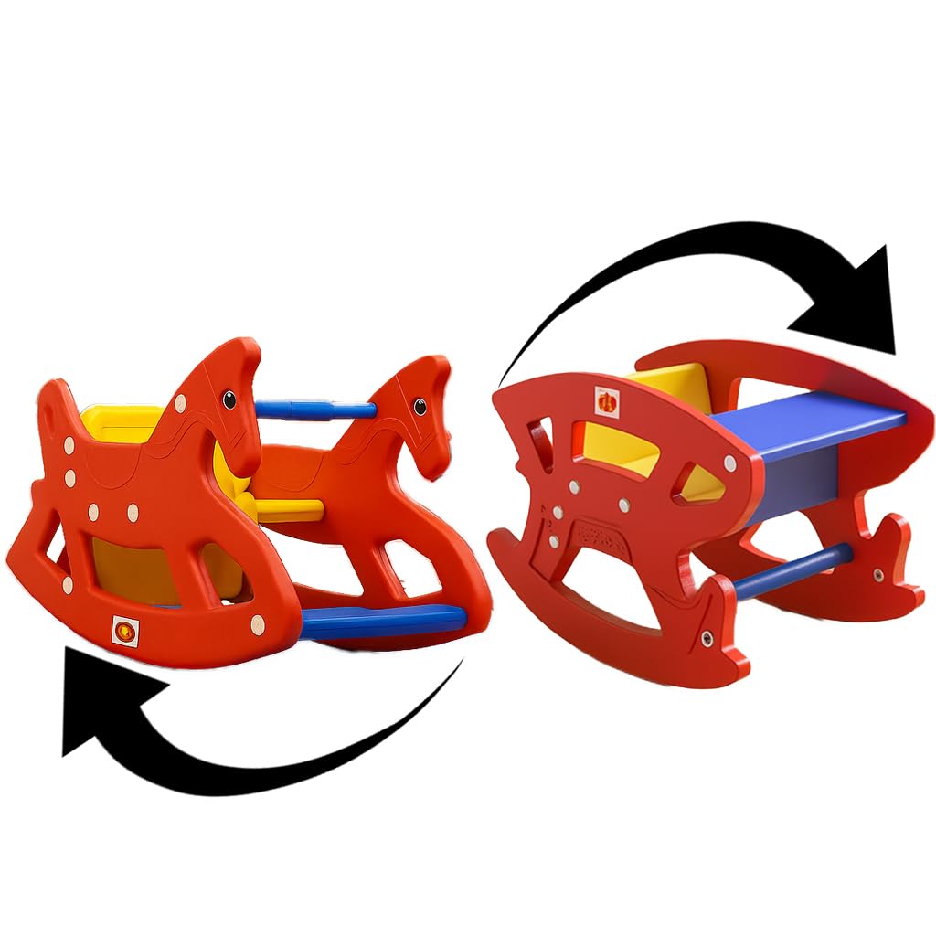 Amazon Brand – Jam & Honey Roxy 2-in-1 Convertible Rocking Horse & Study Table | Kids Ride-On Toy with Ergonomic Design, Durable Plastic, BIS Certified | Indoor & Outdoor Play | 2–6 Years