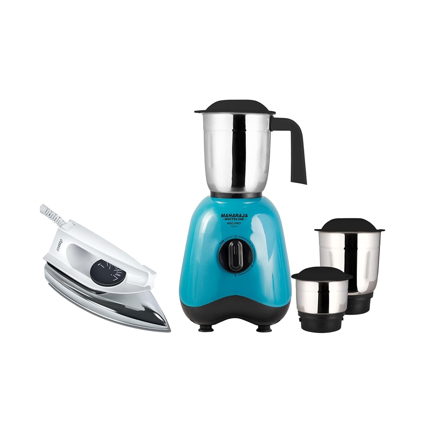 Maharaja Whiteline Combo Pack Mixer Grinder 500w and Dry Iron 1000w, Blue