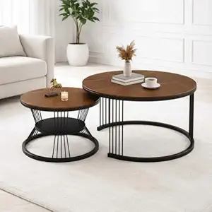 Round Coffee Table Set of 2 for Living Room Wooden Top with Black Metal Frame Modern Nesting Center Table for Sofa Area Home & Office Furniture (Black Brown)