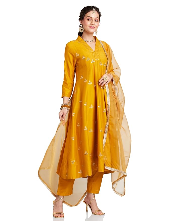 Amazon Brand - Myx Women's Embroidered Kalidar Kurta Pant Set with Organza Dupatta (Available in Plus Sizes)