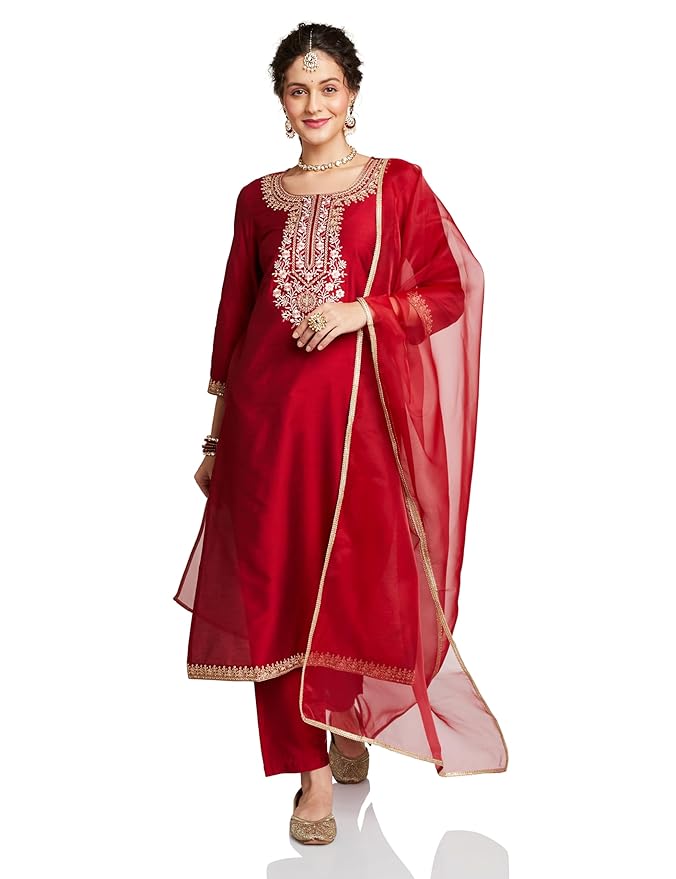 Amazon Brand - Myx Women's Embroidered Kurta Pant Set with Organza Dupatta | Salwar Suit (Available in Plus Sizes
