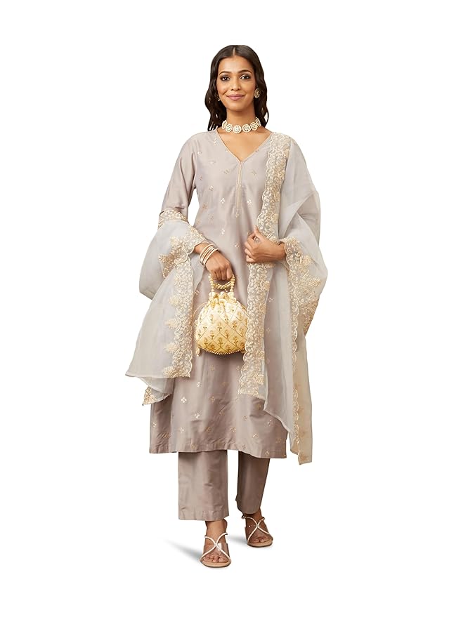Amazon Brand - Myx Women's Kurta Pant Set with Embroidered Organza Dupatta |A-line fit (Available in Plus Sizes)