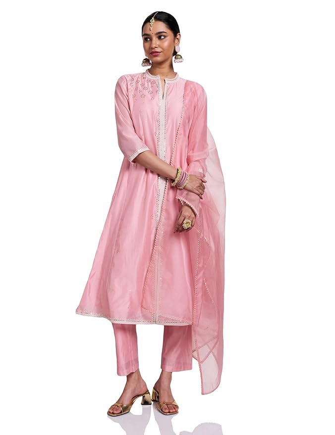 Amazon Brand - Myx Women's Embroidered Anarkali Kurta Pant Set with Organza Dupatta | A-line fit (Available in Plus Sizes)