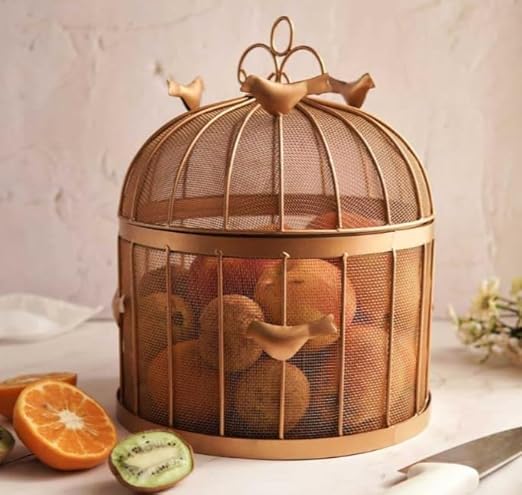 RIZIK STORE™ Modern metal fruit basket with mesh lid suitable for keeping fruits, vegetables (Gold)