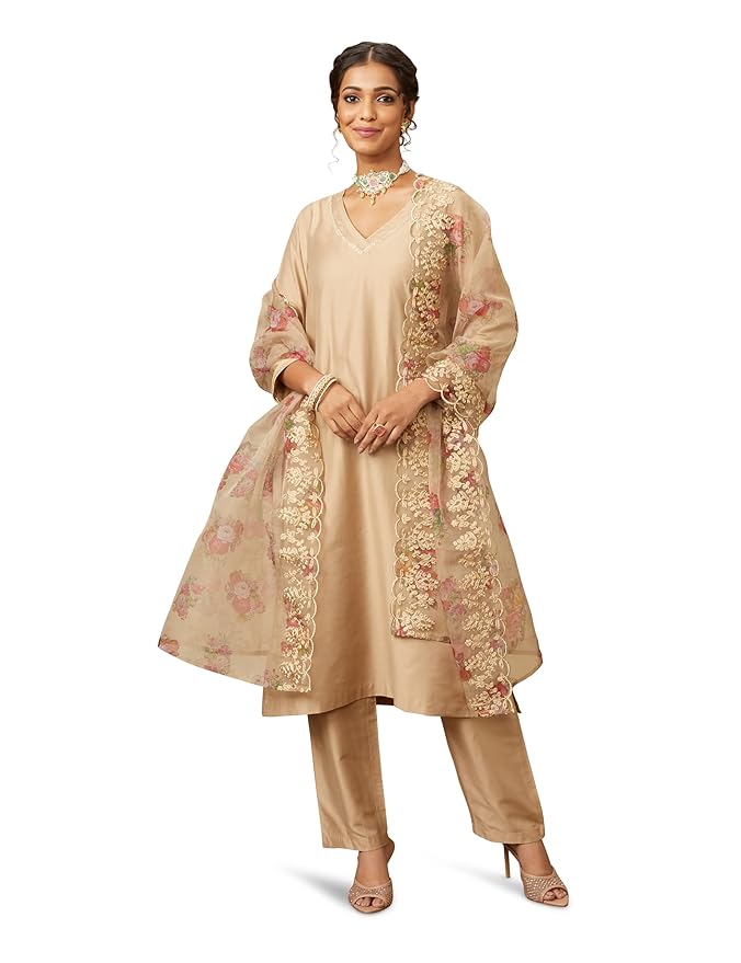 Amazon Brand - Myx Women's Kurta Pant Set with Embroidered Organza Dupatta (Available in Plus Sizes)
