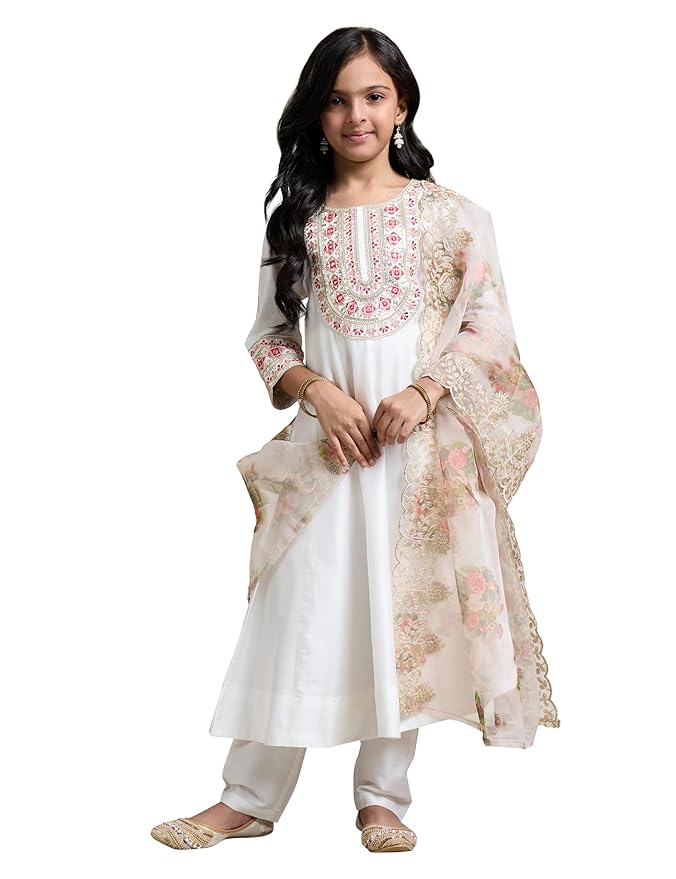 Amazon Brand - Symbol Girl's Rayon Ethnic Wear Embroidered Kurta Set with Net Dupatta