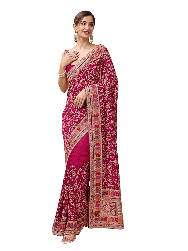 PANASH TRENDS Women's Vichitra Silk Embroidery Work Saree with Unstitch Blouse Piece (K1085-Pink)