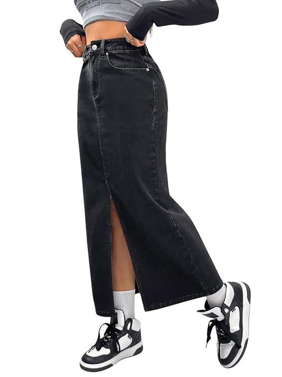 Leriya Fashion Women High Waist Denim Midi Skirt with Front Slit Stylish Summer Casual Western Stretchable Blue Jean Skirt for Daily & Party Use