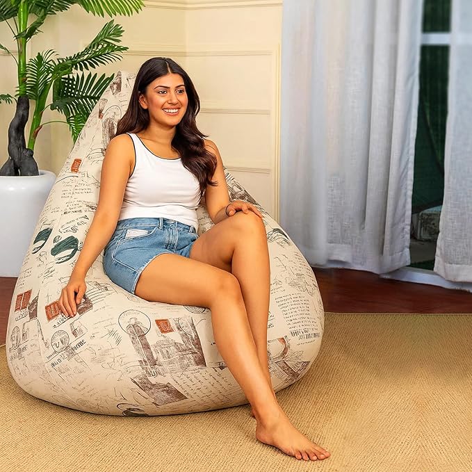 Amazon Brand - Solimo Premium Canvas Fabric Bean Bag, Filled With Beans | Capacity: Upto 6'3" Height, 120 Kg Weight | 3Xl | Parisian Dreams Printed | Beige