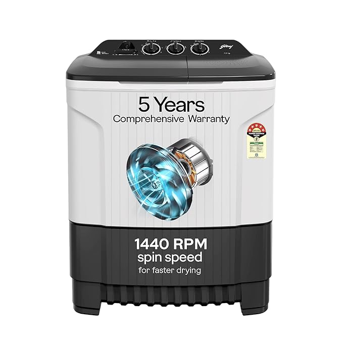 Godrej 7.5 Kg 5 Star, Trio Scrub Pulsator for Powerful scrub and Stain Removal, Toughened Glass Translucent Lid, Semi Automatic Top Load Washing Machine (WS EDGE CLS 75 5.0 PN2 GPGR, Graphite Grey)