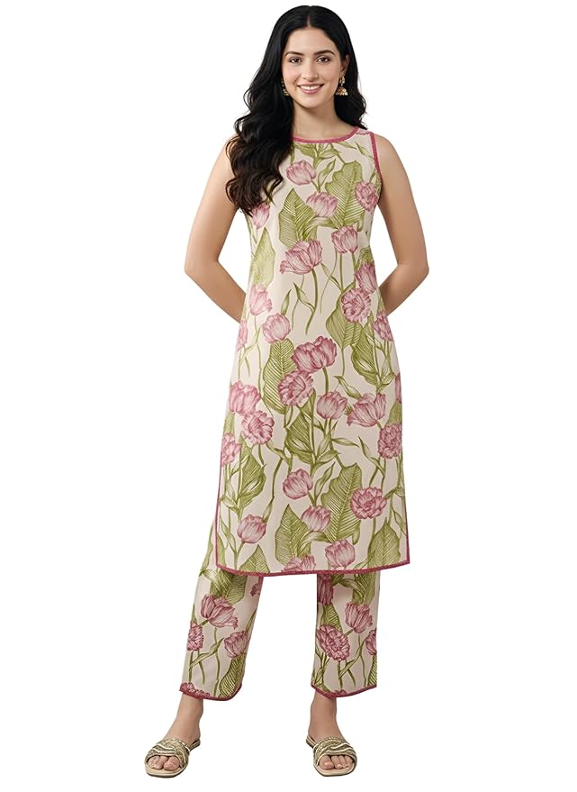 Leriya Fashion Women's Summer Printed Kurta Pant Set | Sleeveless Lightweight Kurti with Palazzo Pants | Kurti Set for Woman | Casual, Office, Vacation & Everyday Wear Outfit