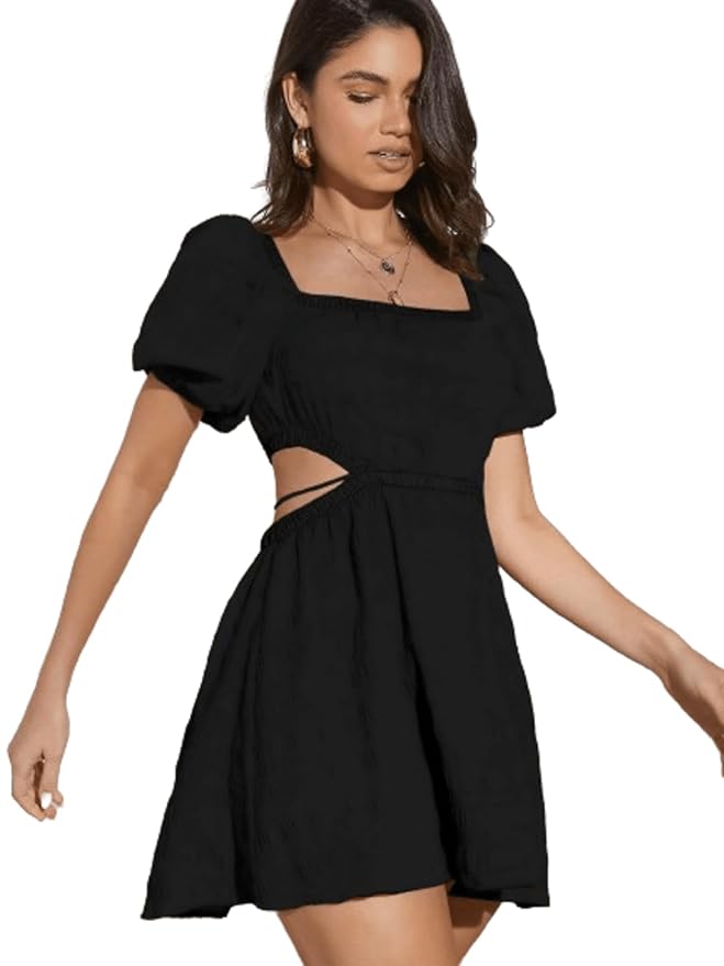 Aahwan Women's & Girl's Fit and Flare Black Solid Summer Beach Square Neck Puff Sleeve Cut Out Waist Mini Dress