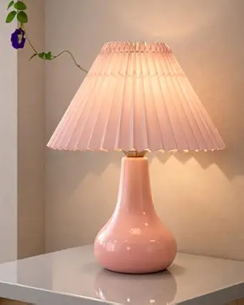 Homesake® Modern Small Ceramic Table Lamp, Classic Bedside Desk Lamp for Living Room Bedroom, Farmhouse Home Decor Nightstand Lamps with Fabric Pleated Shade (Pink)