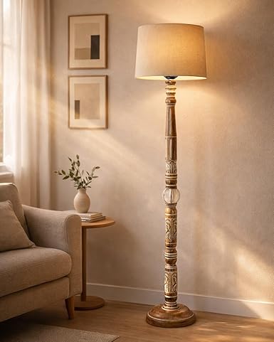 Homesake® Floor Lamp for Living Room | Lamp for Bedroom | Standing Lamp | Home Decor Items | Corner Lamps for Living Room | Night | Bedroom | Light with Fabric Shade (Beige Carving)
