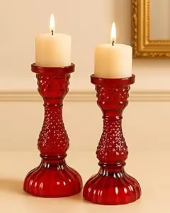 Homesake® Glass Candle Holder Set of 2 Vintage Decorative Taper Candle Stands for Home Décor, Dining Table, Living Room & Ramadan Decorations for Home, Festive eid ramzan, Decoration (Red)