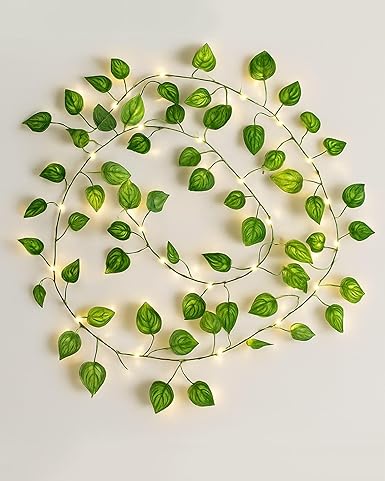 Homesake Battery Operated Home Decor Money Plant Leaf Garland Wreath Vine, Ramadan Decorations for Home, ramzan Festive Decor, Diwali Lights for Decoration Home 50 LED - Set of 2(Plastic, Green)