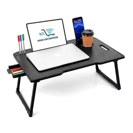 Smart Multipurpose Foldable Laptop Table with Cup Holder, Study Table, Bed Table, Breakfast Table, Foldable and Portable/Ergonomic & Rounded Edges/Non-Slip Legs (Black)
