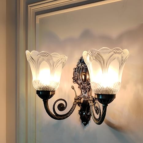 SINOMAN Wall Lights for Home Decoration | Classic Antique Wall Sconce with Dual Glass Lamps | Elegant 2-Light Decorative Wall Fixture for Living Room & Bedroom | Vintage Metal Wall Light (with Bulb)