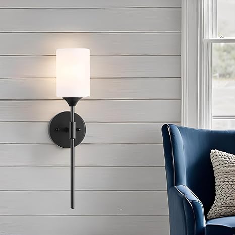 SINOMAN Black Wall Mounted Lamp with Glass Shade Modern Accent Light for Indoor Spaces, E27 Bulb Compatible, Ideal for Bedrooms, Hallways, and Living Areas (with Bulb)