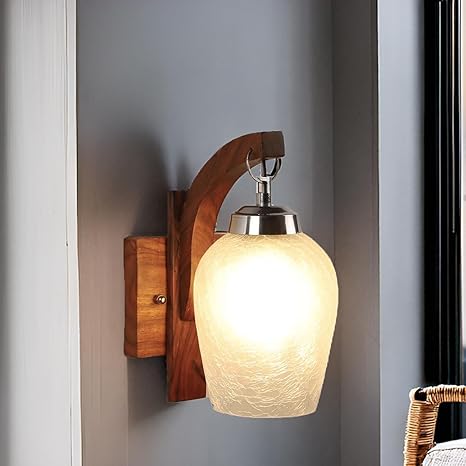 SINOMAN Modern Wooden Wall Light Lamp with Glass Shade | Decorative Wall Sconce for Bedroom, Living Room, Hallway | Warm Light Wall Mounted Lamp | Home & Hotel Lighting Fixture (Without Bulb)