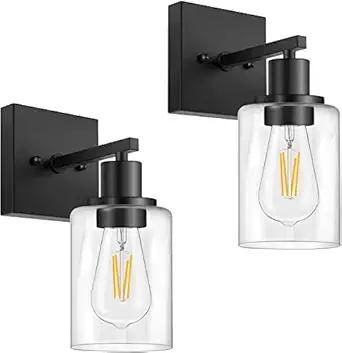 SINOMAN Wall Sconces Vintage Vanity Lights for Bathroom, Modern Wall Light Fixtures with Clear Glass Shade, Farmhouse Wall Lamp for Bedroom, Mirror, Living Room (107 Black, Pack of 2)