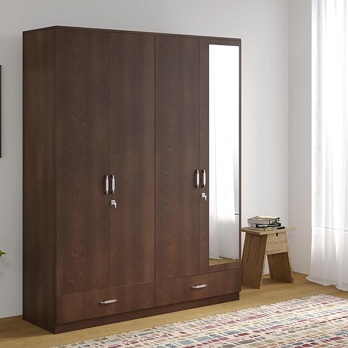 Nilkamal Mozart Neo 4 Door Wardrobe with Mirror | Engineered Wood Almirah | 2 Hanging Rods, 8 Shelves & 4 Drawers | 1 Year Warranty | Walnut