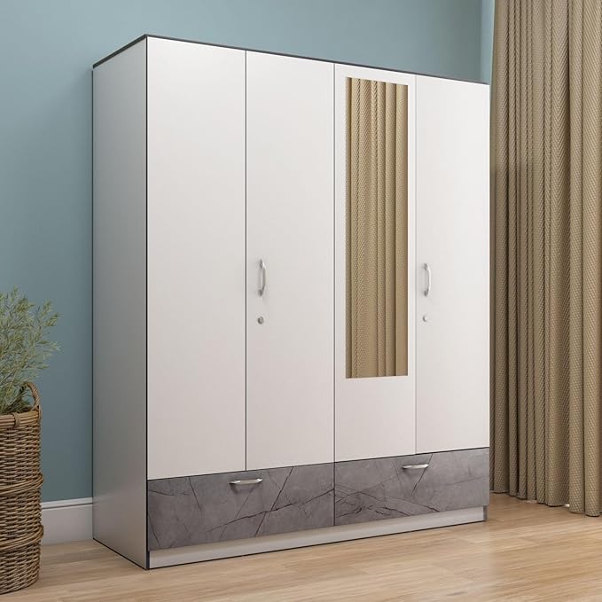 Nilkamal Marbito 4-Door Wooden Wardrobe with Mirror for Bedroom|Engineered Wood Build|Clothes Cupboard|2 Drawers with Marble Finish|Hanging Rod, A Lockable Drawer & 8 Shelves for Storage|Frosty White