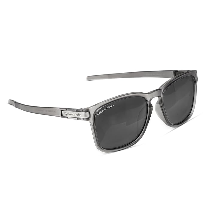 Eyewearlabs OKNO | Polarized Full Rim Square Branded Stylish Sunglasses For Men & Women | 100% UV Protection Shades | Cricket Sports Cycling Driving | Black Lens | Medium | Crystal Grey