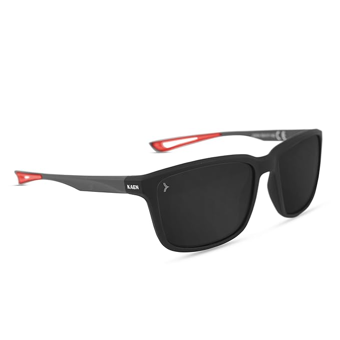 Eyewearlabs KAEN | Polarized Full Rim Sports Rectangular Branded Stylish Sunglasses For Men & Women | 100% UV Protection Shades | Cricket Sports Cycling Driving | Black Lens | Medium