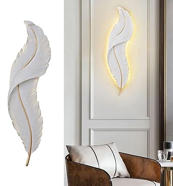 Groeien 12W | 3 Color Modern LED White Feather Wall Sconce Gold Wall Light for Bedroom Living Room Corridor Lighting Fixtures Wall Mount(Warm+Natural+Coolwhite)(Feather-White, 1)