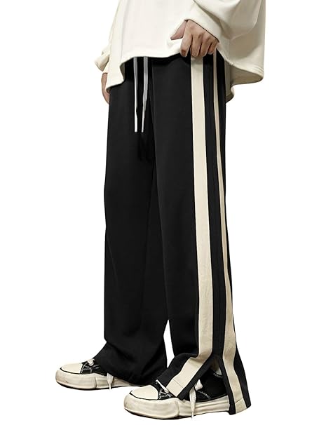 GRECIILOOKS Men’s Wide Leg Track Pants with Contrast Side Panel, Relaxed Drawstring Fit Streetwear Trousers, Poly Blend Casual Joggers