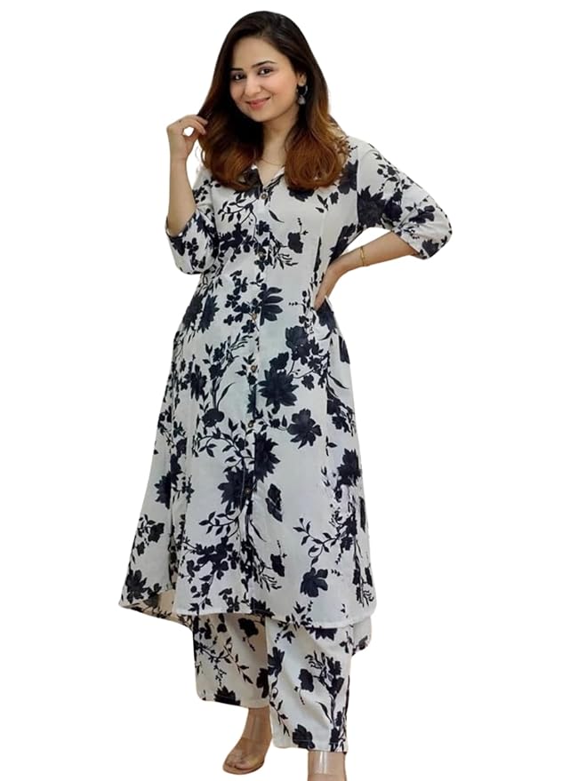 Leriya Fashion Women's Anarkali Rayon Floral Printed Kurta Pant Set | High-Low Hem & 3/4 Sleeves | Ethnic Co-ord for Festive & Casual Wear | Co ord Set For Women Stylish | 2 Piece Dress For Holiday Look & Puja